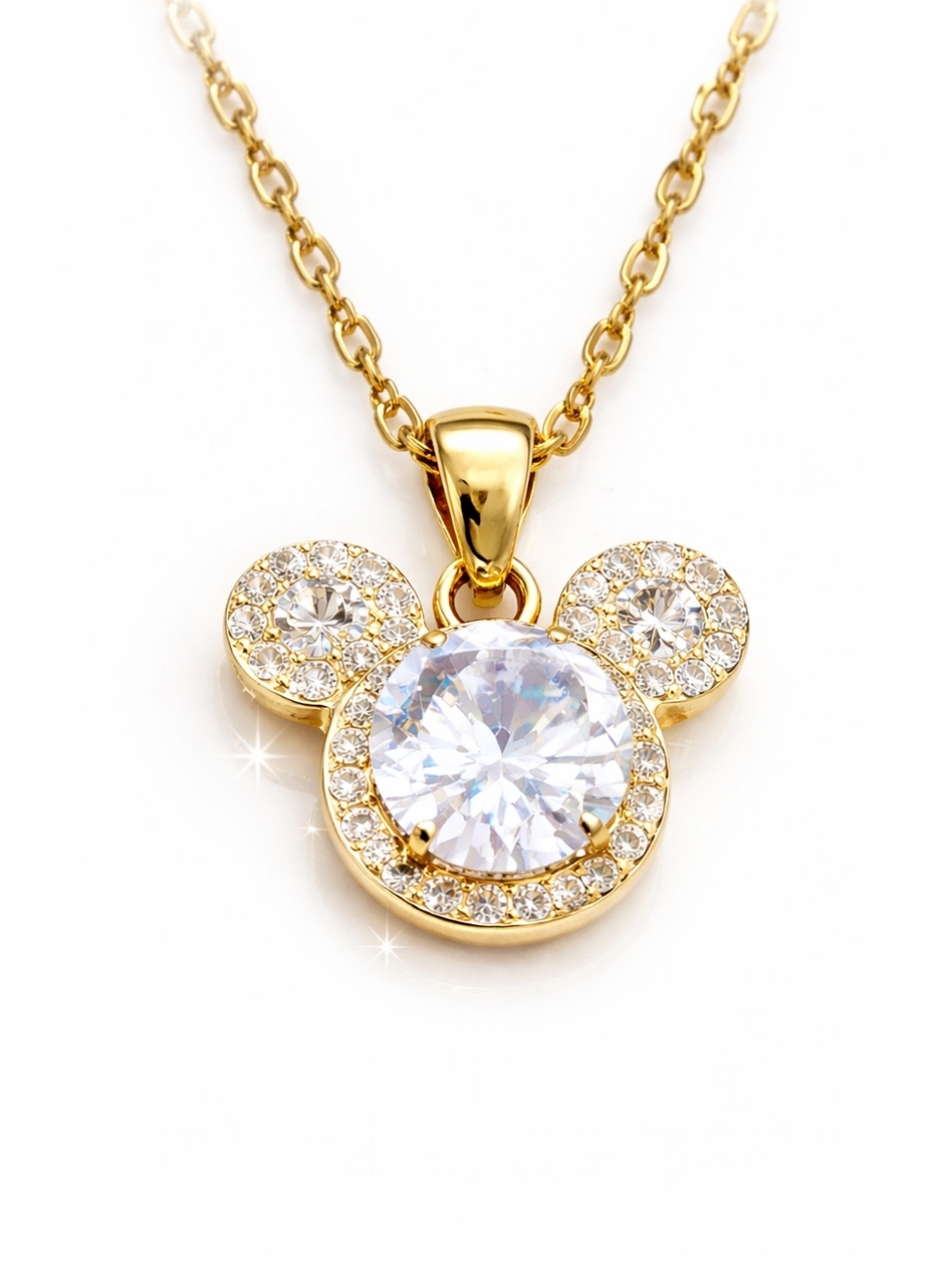 Gold Mickey Crystal Pendant Necklace Adjustable Stainless Steel
